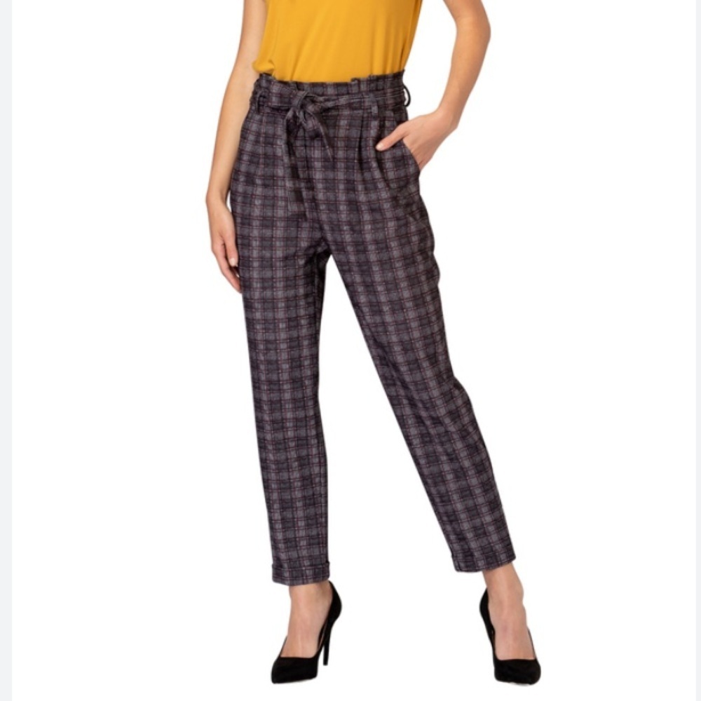 Joseph Ribkoff plaid pleated high waisted pants size 8  black burgundy